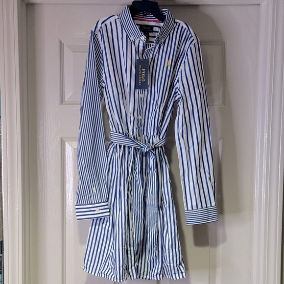 NWT Polo Ralph Lauren Girls Striped Cotton Poplin Dress Blue/ White Size 14 - Picture 2 of 7